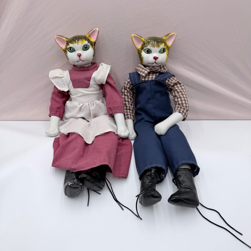 Vintage Style Ceramic Head Cloth Body Cat Dolls Set Mauve Dress Blue Overalls